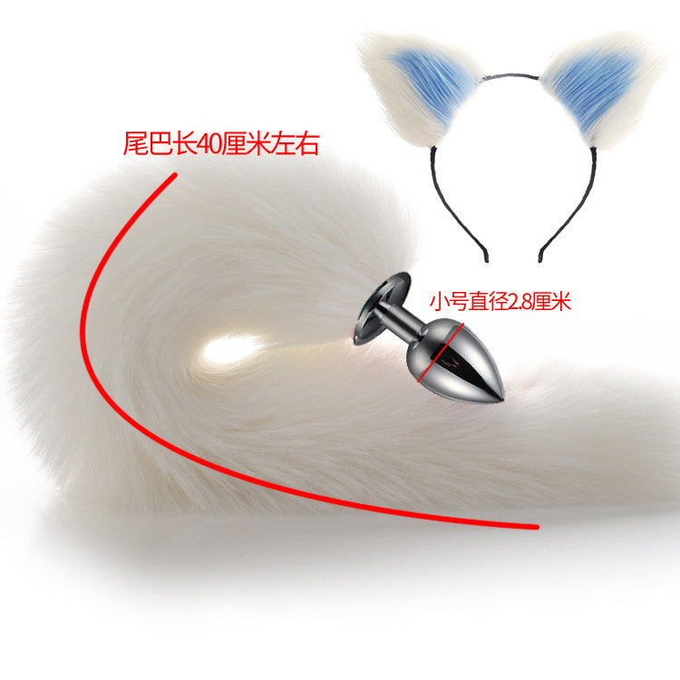 Image of 40cm All White Tail Double Erotic Fun Plush Hair Clip Ears Cosplay Makeup Metal Anal Plug Expansion